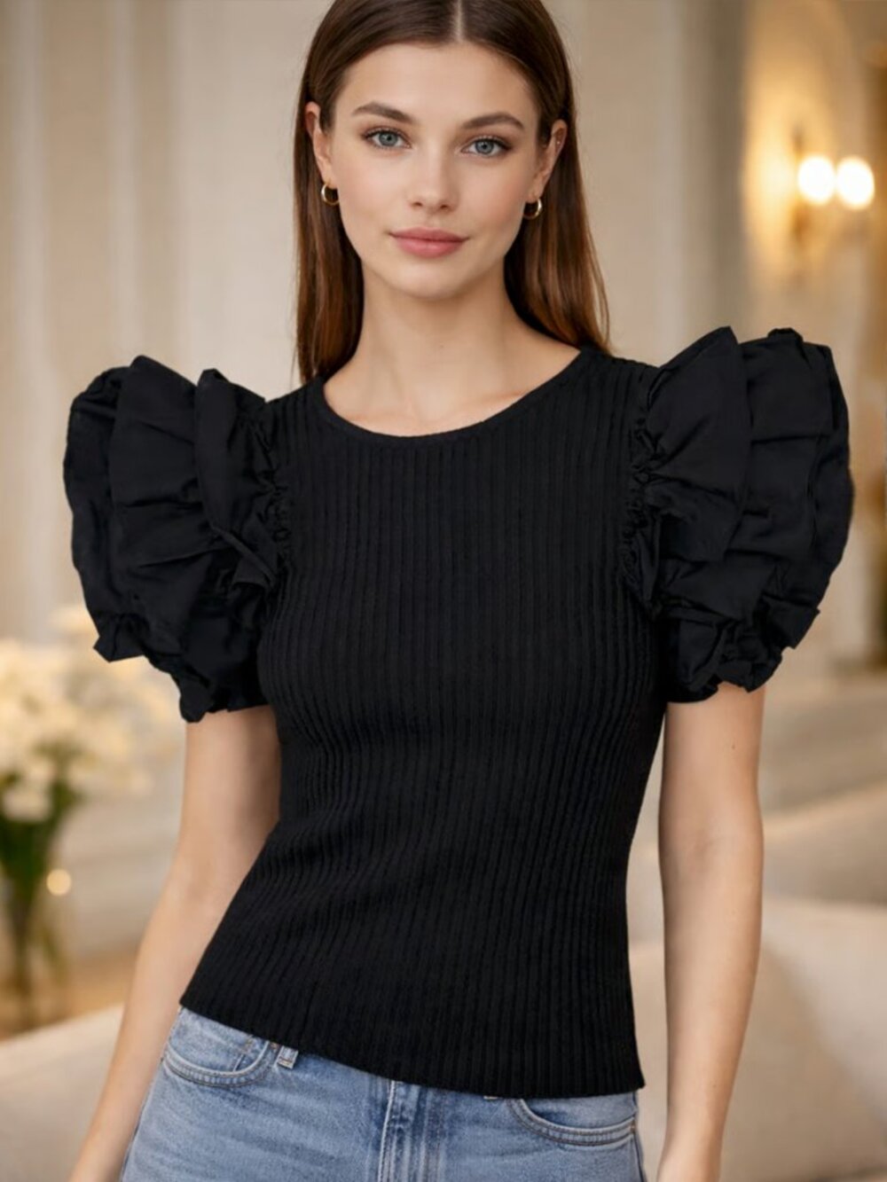 New Marc New York Andrew Marc Black Ribbed Knit Top Ruffled Short Sleeves sz M